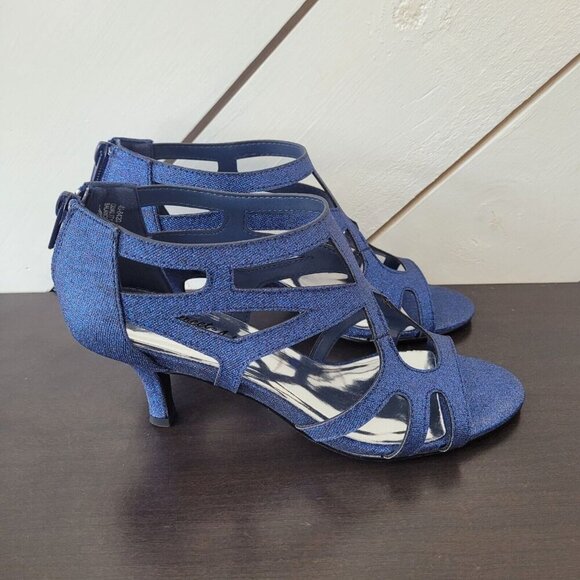 NEW Easy Street Flattery Women's 9 Navy Glitter Strappy Heels - Picture 1 of 11